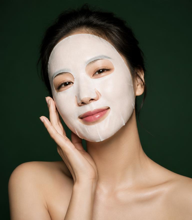 Model wearing a sheet mask